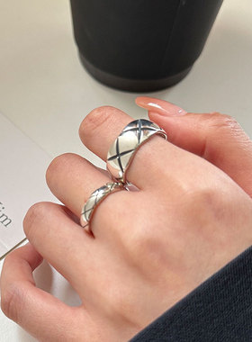 日系cherry kitty925银凌纹格戒指女欧美简约ins气质经典通勤