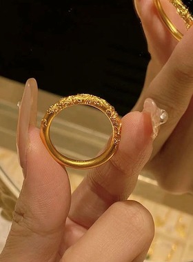 日系Cherry Kitty轻奢錾刻紫荆花素圈戒指女vintage古法传承指环