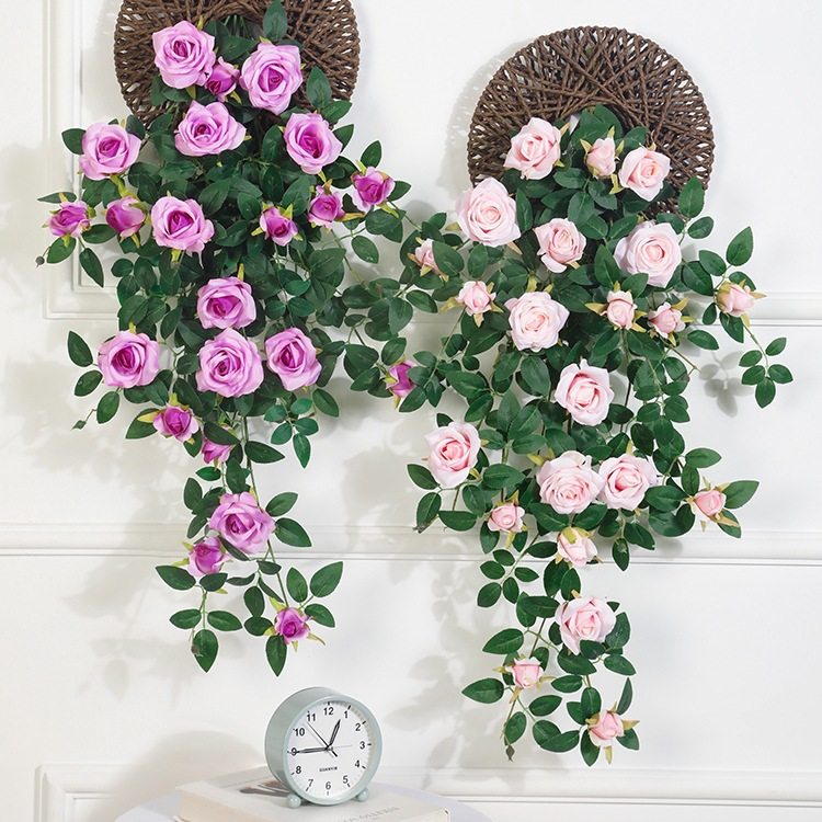 玫瑰花墙面吊花假花藤蔓吊篮摆设吊兰绿植塑料壁挂花装饰植物
