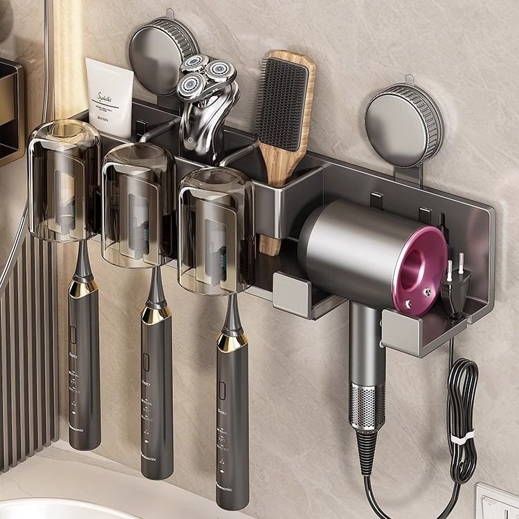 吸盘牙刷置物架壁挂式新款免打孔卫生间吹风机支架一体漱口杯架子