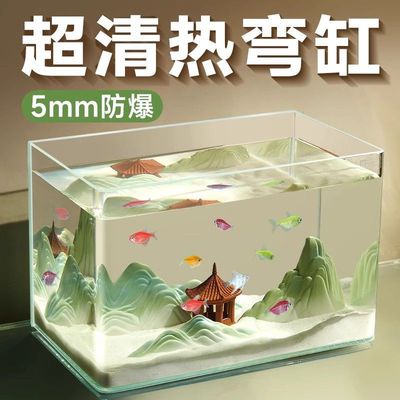 2025新款超清玻璃热弯鱼缸桌面小型水族箱客厅水造景乌龟生态缸