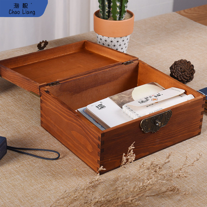带锁收纳盒木质证件盒桌面储物盒子家用实木杂物收纳箱密码药盒