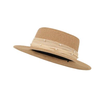 甜美珍珠装饰平顶帽大檐透气遮阳休闲夏季出游精致感百搭太阳帽