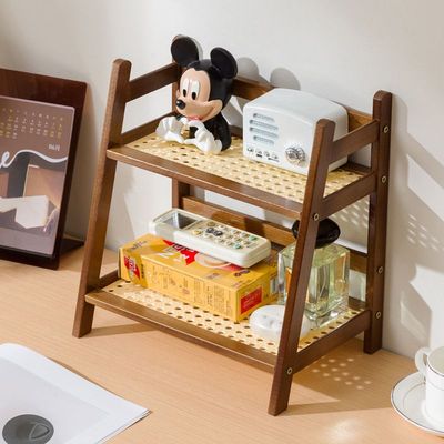 ins中古风藤编奶油色双层桌面置物架宿舍卧室办公厨房杯架整理架