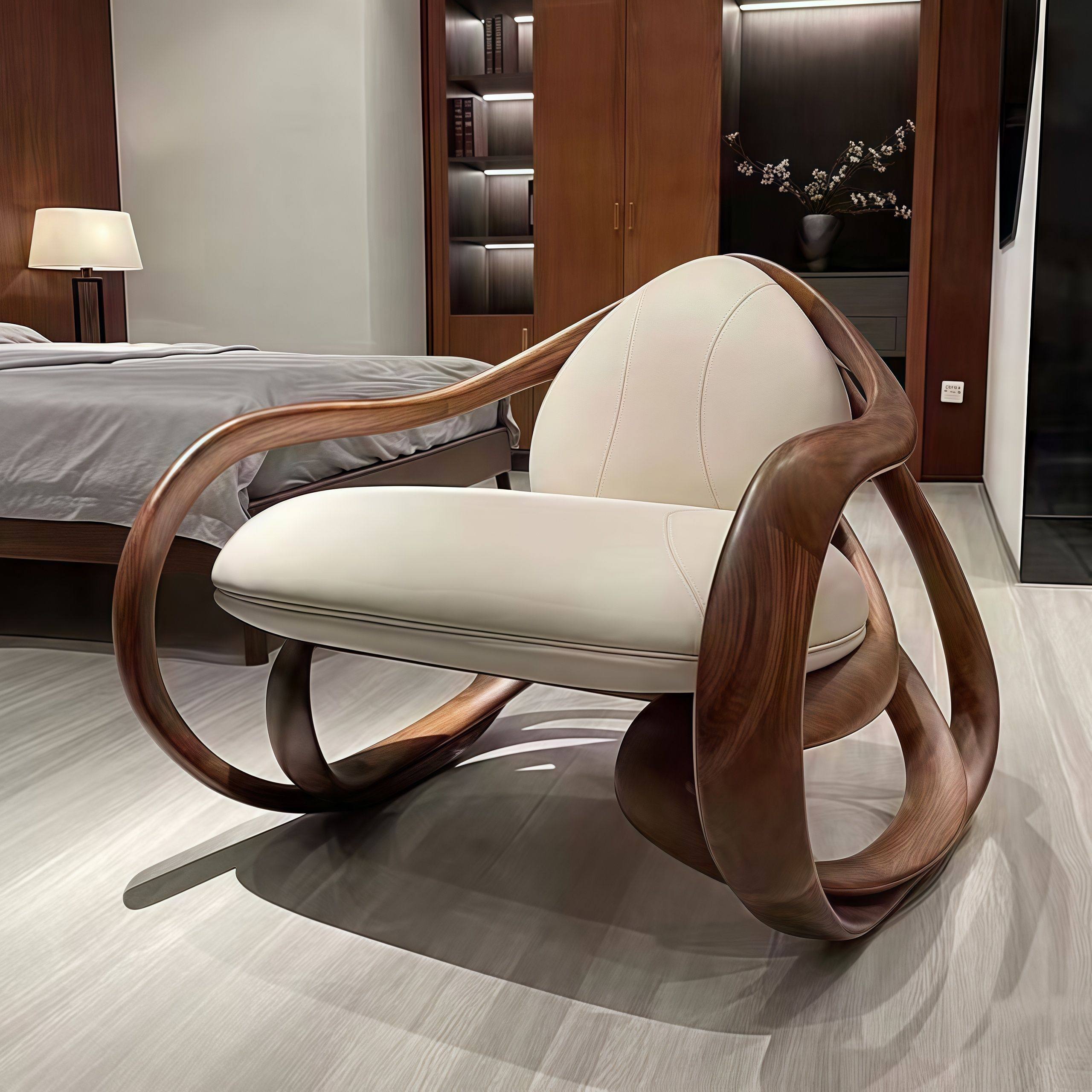 黑胡桃木单人躺椅实木真皮设计师款沙发椅阳台懒人休闲成人摇