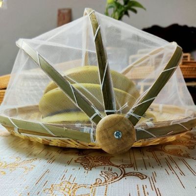 纯手工防苍蝇晾晒竹筛子带纱网罩簸箕家用防虫竹编制馒头筐竹威东