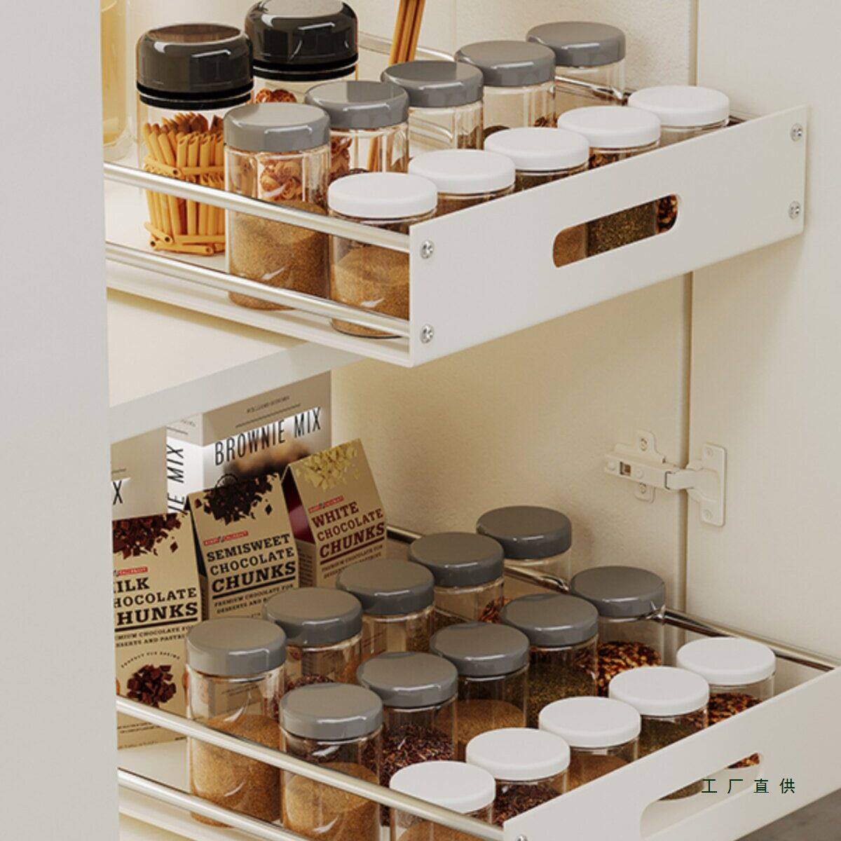 厨房拉篮pp轨道单层抽屉式碗碟收纳调味托盘白色抽拉加高橱柜置物