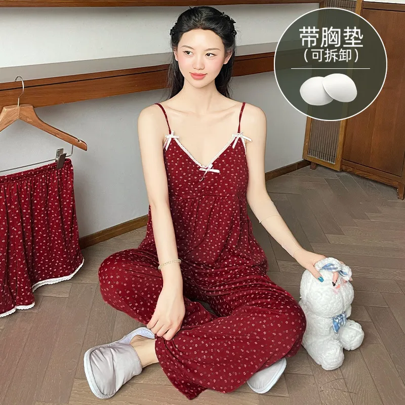 新款睡衣女夏季性感吊带自带胸垫一体设计无钢圈可拆卸家居服套装
