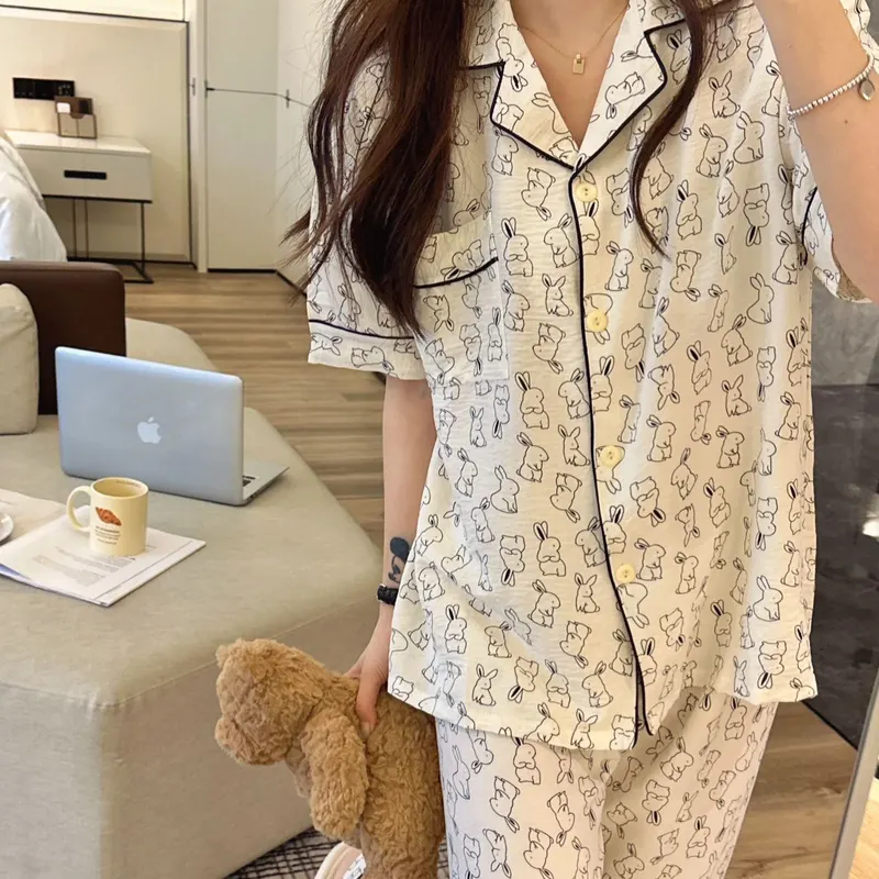 睡衣女夏季新款开衫短长卡通麻棉套装休闲大码软棉纱家居服可外穿