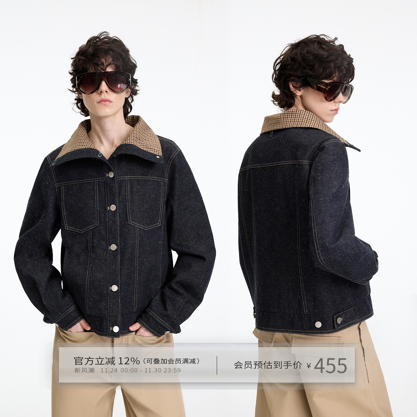 复古做旧翻领彩点牛仔外套