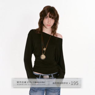 出逃赤岗西 T恤女不规则褶皱堆叠感露肩斜肩上衣 莱赛尔天丝长袖