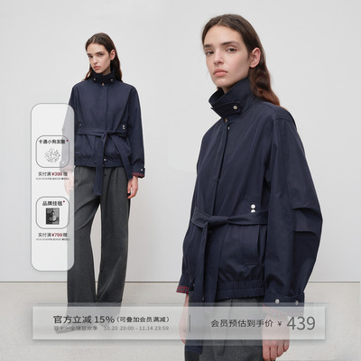 复古海军蓝外套女秋季束腰设计