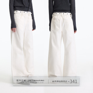 子 女秋冬长裤 出逃赤岗西 米白色波点腰部橡筋拼接毛边直筒牛仔裤