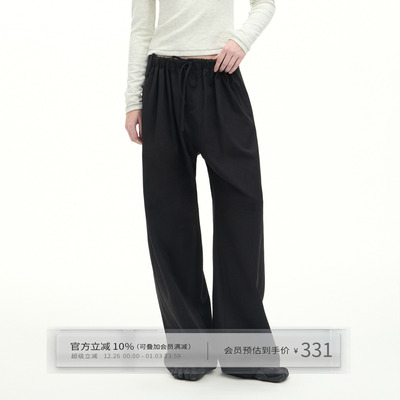黑色羊毛抽绳中低腰阔腿休闲裤女
