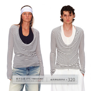T恤上衣女春季 出逃赤岗西 莱赛尔撞色条纹假两件拼接背心荡领长袖
