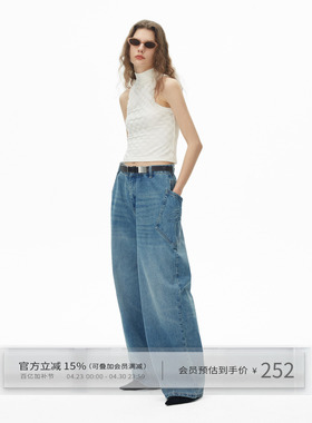 出逃赤岗西3D凸印口袋水洗中低腰阔腿牛仔裤女宽松复古直筒工装裤
