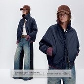 出逃赤岗西 复古海军蓝拼接撞色格纹翻立领夹棉防风夹克棉服外套