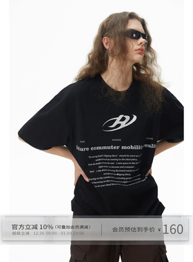 出逃赤岗西 未来主义反光刻字T恤无性别圆领宽松情侣款黑色短袖