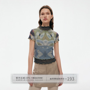 网纱短袖 弹力透视薄款 t恤 原创小众设计感扎染印花修身 出逃赤岗西