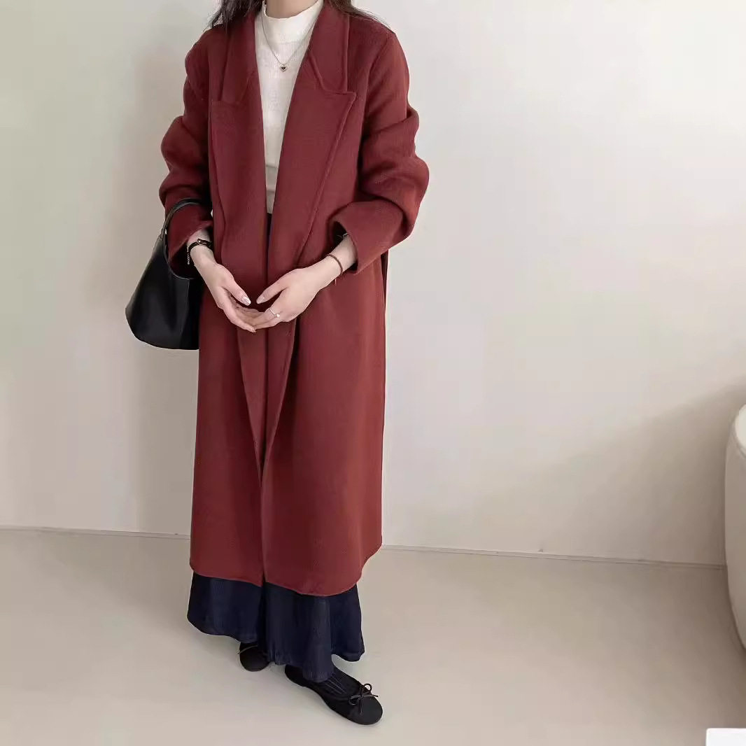 高个子加长安可拉红西装领浴袍系带双面羊绒大衣女正肩羊毛呢