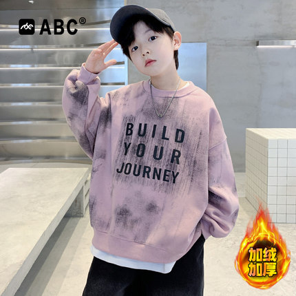 ABC男童秋冬款加绒卫衣中大童2024新款潮牌童装儿童冬季加厚上衣