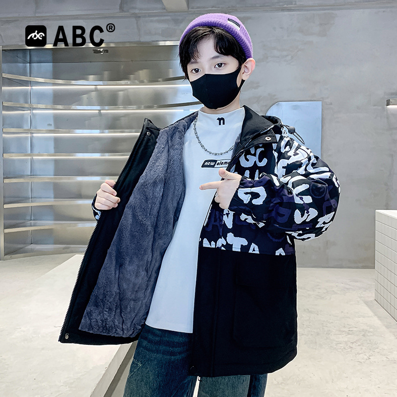 ABC中大童秋冬款印花派克服2025新款男孩加厚外套6-12岁男童棉服