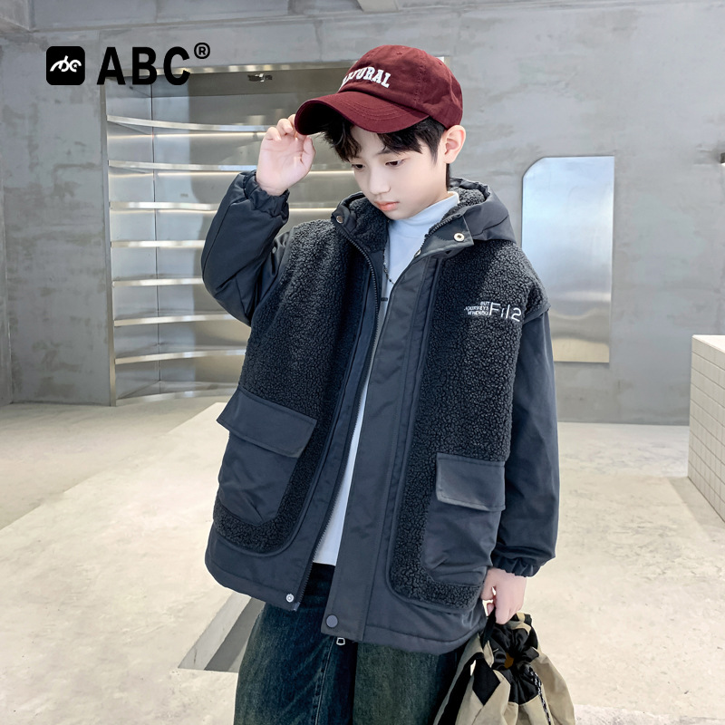 ABC男童秋冬款棉服2025新款男孩时髦羊羔毛外套6-12岁儿童派克服