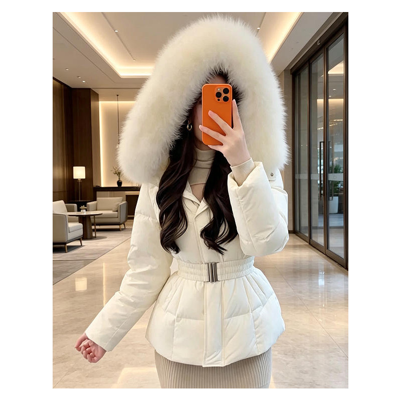 高级感韩系中长款羽绒棉服女款冬季连帽加厚保暖收腰的冬装外套