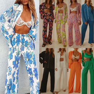 印花衬衫开衫两件套女Women shirt pleated top and trouser suit