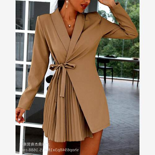 Solid color lace-up pleated suit dress纯色系带西装连衣裙女