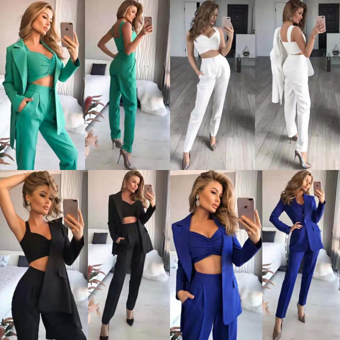 Three-piece women's thin suit with sling薄款小西服三件套女