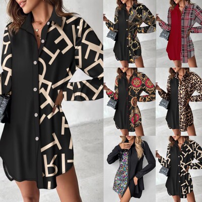 Printed patchwork button up dress for women's shirts