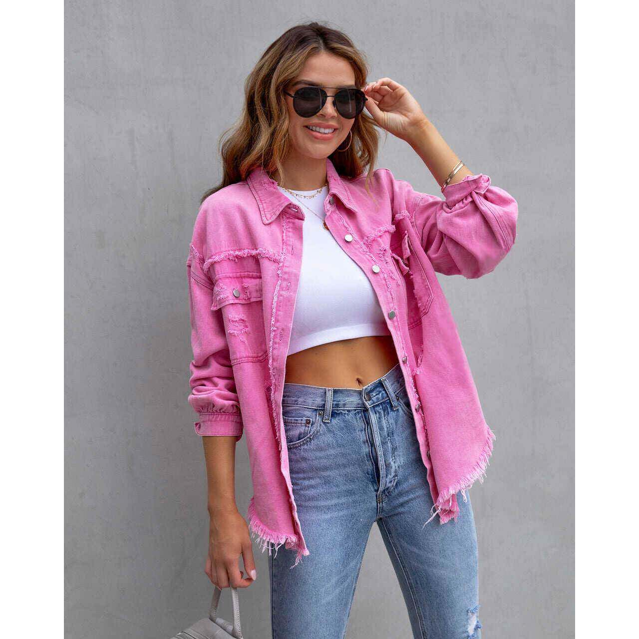 欧美破洞牛仔外套女秋冬长袖宽松夹克翻领上衣casual jacket coat