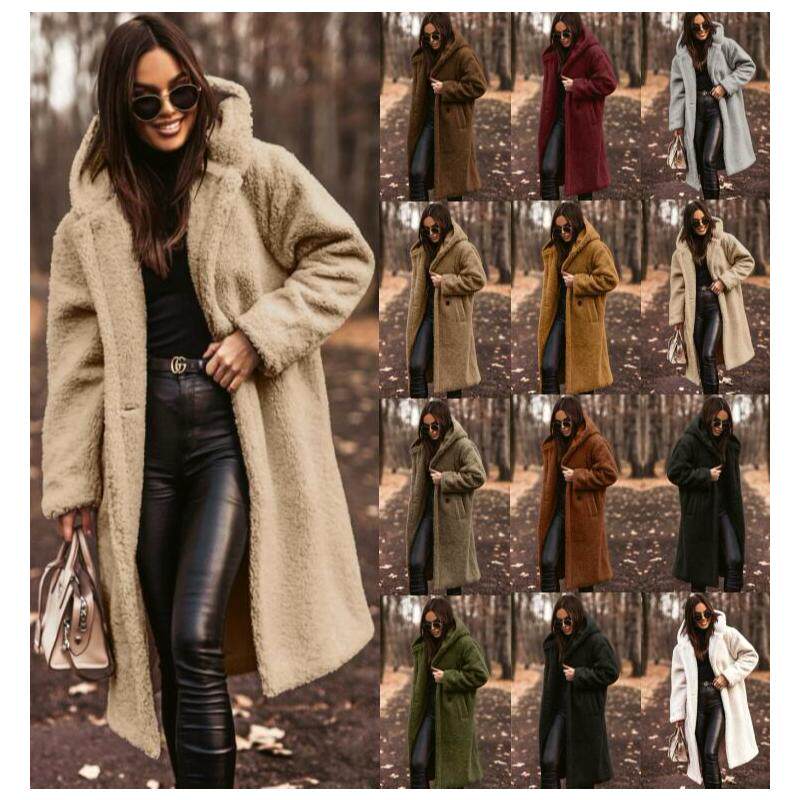 Cross border clean color long sleeved woolen women's coat