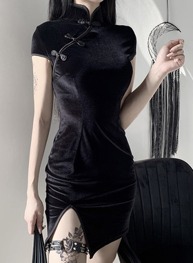 新款修身高腰旗袍连衣裙改良版复古短裙女 Slim cheongsam dress