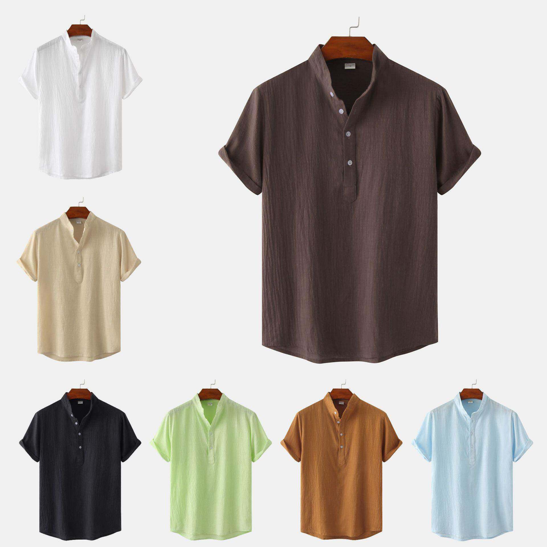 男夏季棉麻纯色立领短袖衬衫Men Solid Color Short Sleeve Shirt