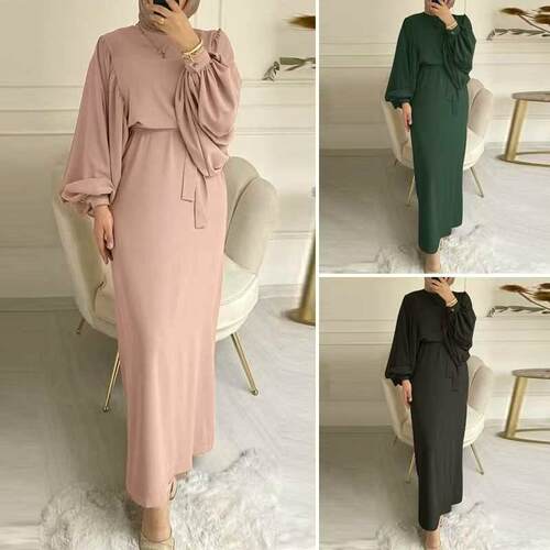 Lantern sleeve wrap hip round neck long sleeve dress