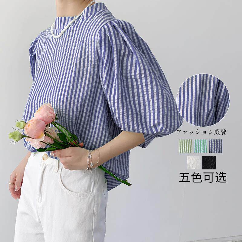 外贸女装2023夏季新款日系气质通勤泡泡袖五分袖系带雪纺衫上衣