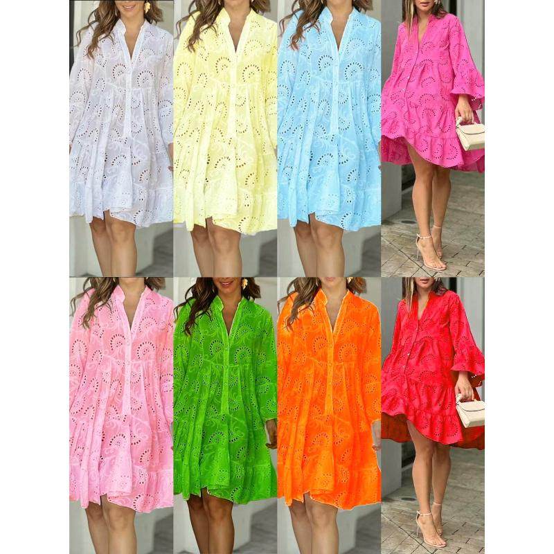 Cross border Solid V-neck Embroidered Hollow Lace Dress