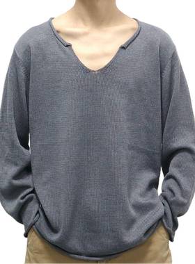 2025秋冬薄款纯色V领针织衫大码长袖套头打底衫毛衣Men knitwear