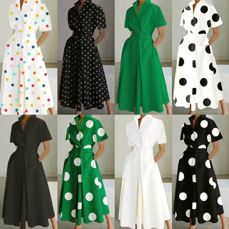 Cross border shirt with elastic waist and large hem dress