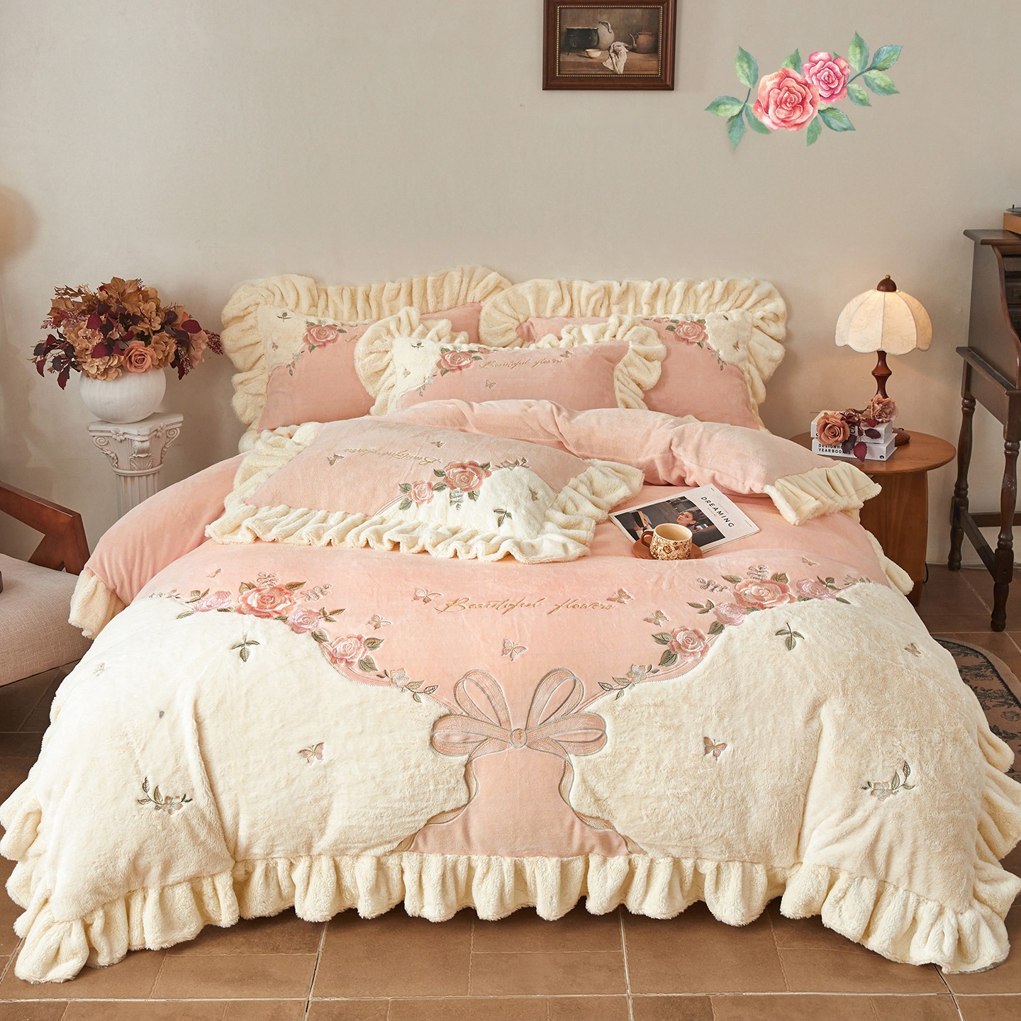 2025新款牛奶绒贴布兔绒刺绣床裙四件套淡香伊人高端加厚被套床品