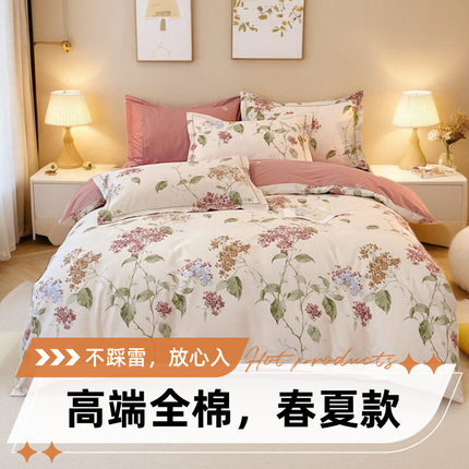 2026新款全棉纯棉四件套夏天小清新斜纹印花高端床单被套床上床品