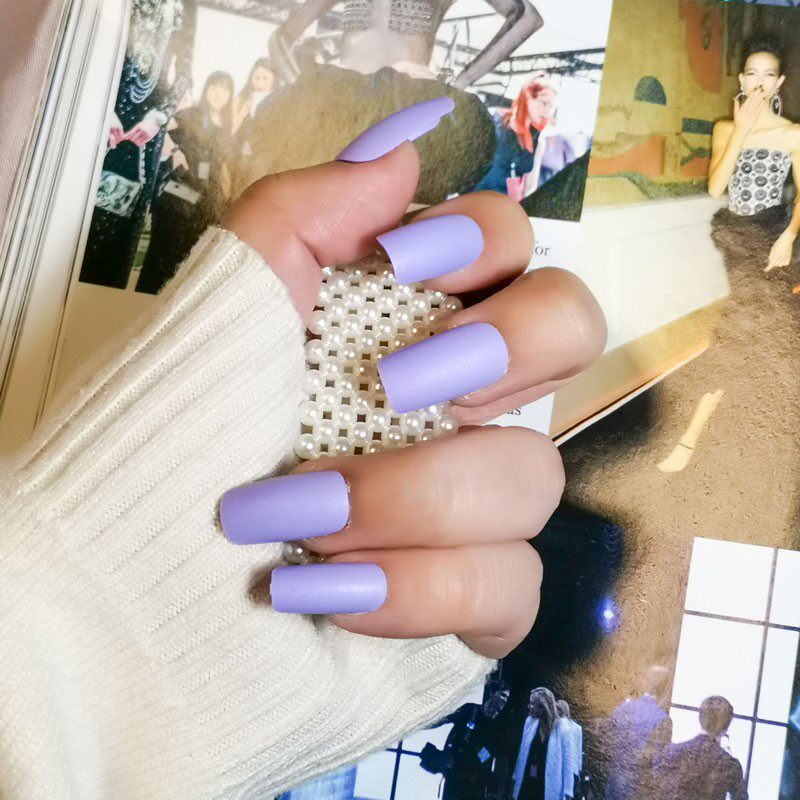 中长方-2023年高级感纯色美甲穿戴甲香芋紫磨砂长款方头欧美风ins