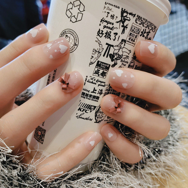 小清新浅裸粉蝴蝶结穿戴美甲短款百搭假指甲贴片学生通勤