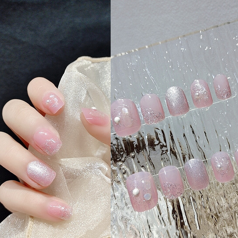 甜美晶石碎贝壳珍珠穿戴美甲短款百搭法式假指甲贴片