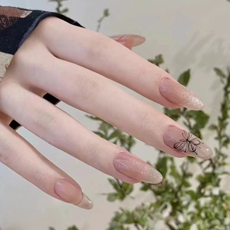 中长圆-欧美淑女银色闪粉蝴蝶穿戴甲气质优雅美甲成品假指甲