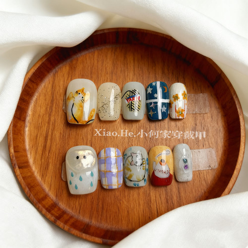 【 条纹橘子皮 】小何家纯手工穿戴甲·高级手绘美甲贴片