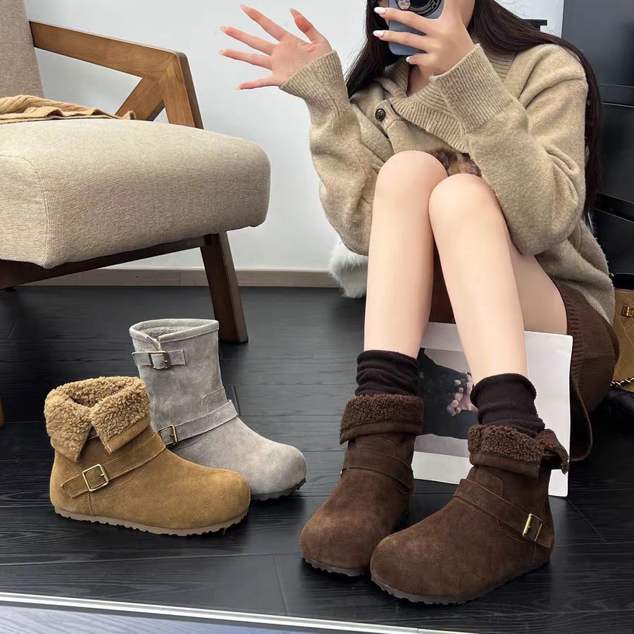 韩版翻领两穿保暖雪地靴女2025冬季新内增高毛毛勃肯棉鞋复古加绒