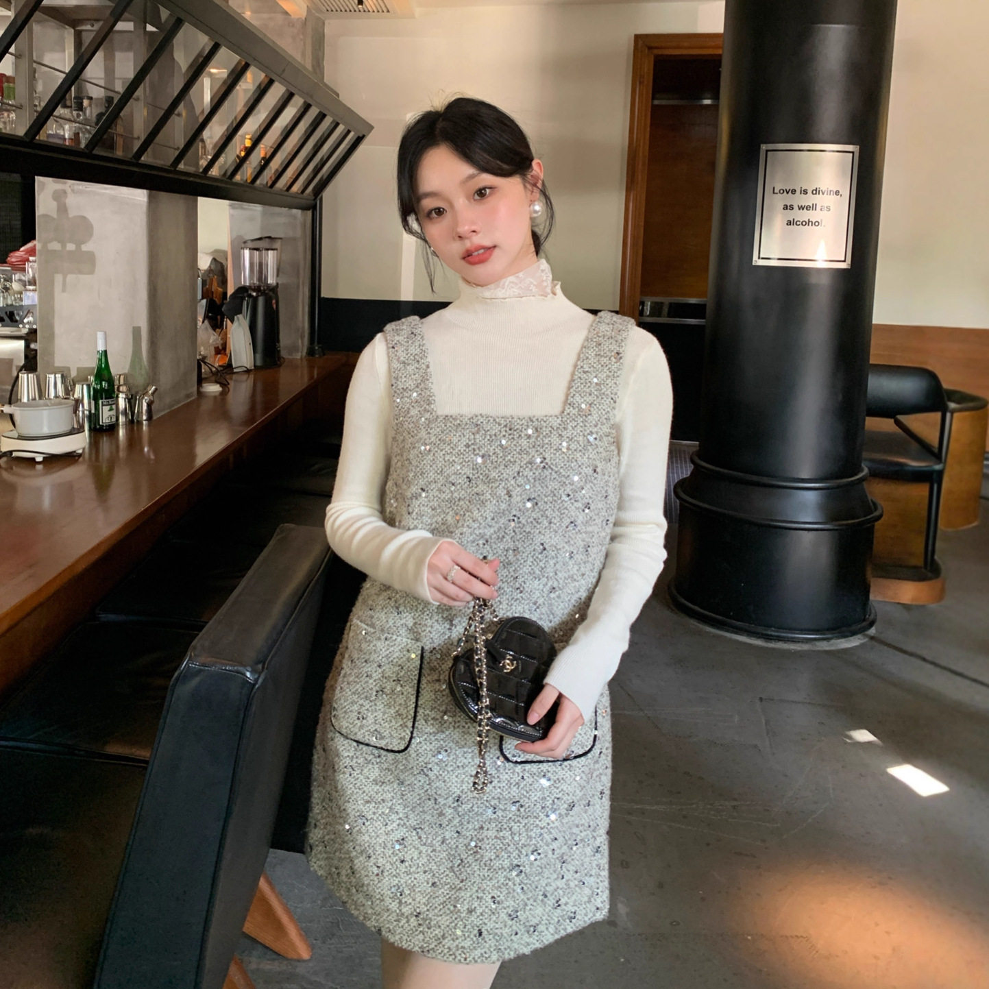 NEW OPEN 2025秋新款韩版小香风减龄气质蝴蝶结亮片背心连衣裙女